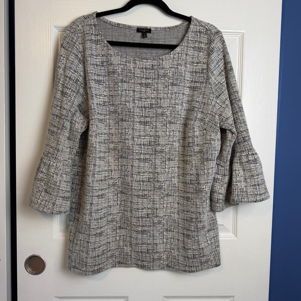 Talbots Plus 1X Bell Sleeve Knit Top Black Ivory Cotton Blend
